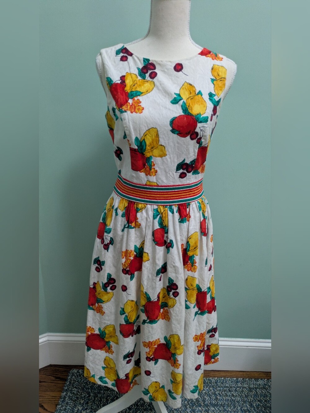 Eva Mendes For NY & Co Fruit-Print Sleeves A-Line Dress with Striped Waist, Sz 4